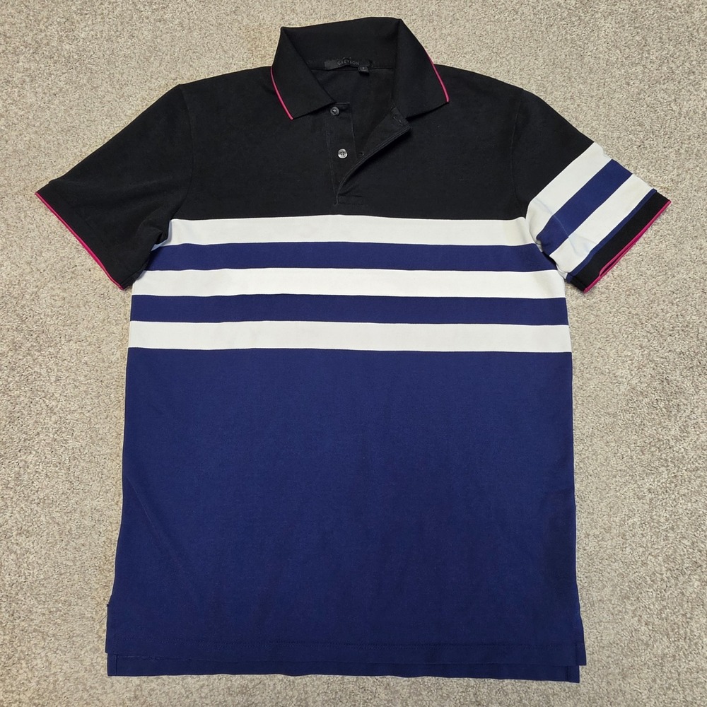 Greyson Mens Striped Colorblock Golf Polo Shirt Blue Black Pink Trim Size‎ Small